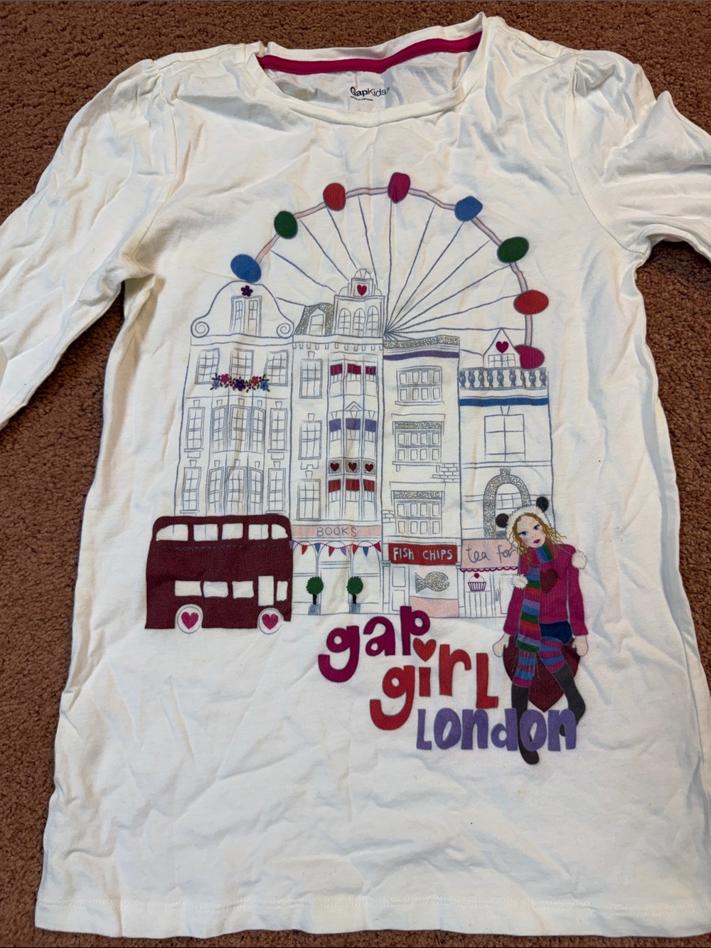 GAP White Long Sleeve 'Gap Girl London' Graphic Tee with Multicolor Accents